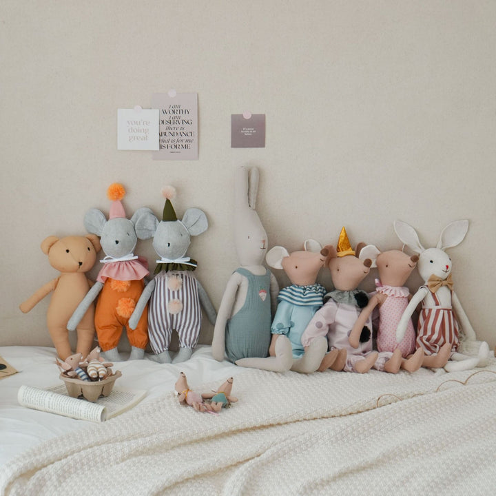 Soft Linen Long Leg Bunny Plush Doll with Embroidered Romper