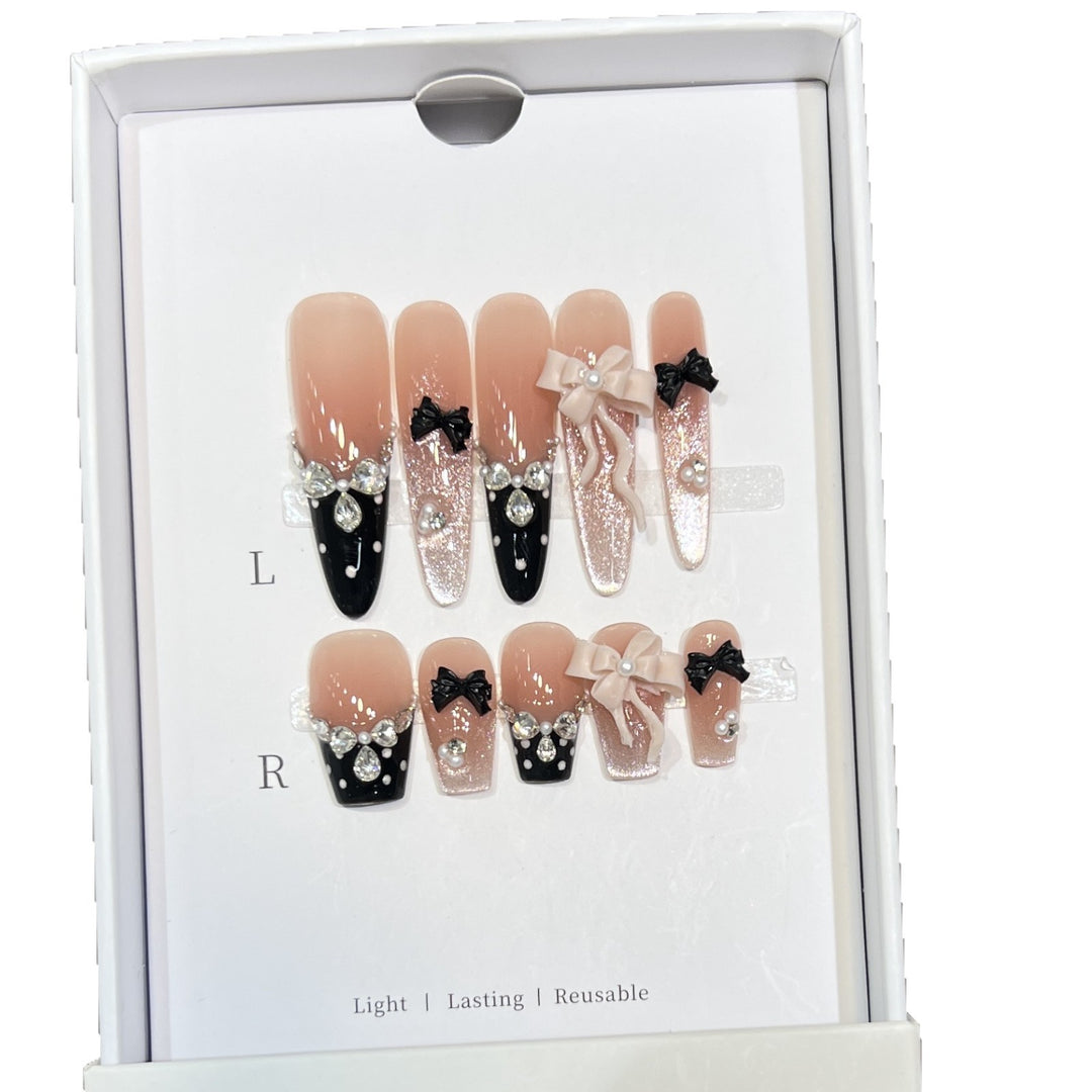 Glamorous Stiletto Press-On Nail Set with Decorative Bow and Gemstone Accents Kalsten