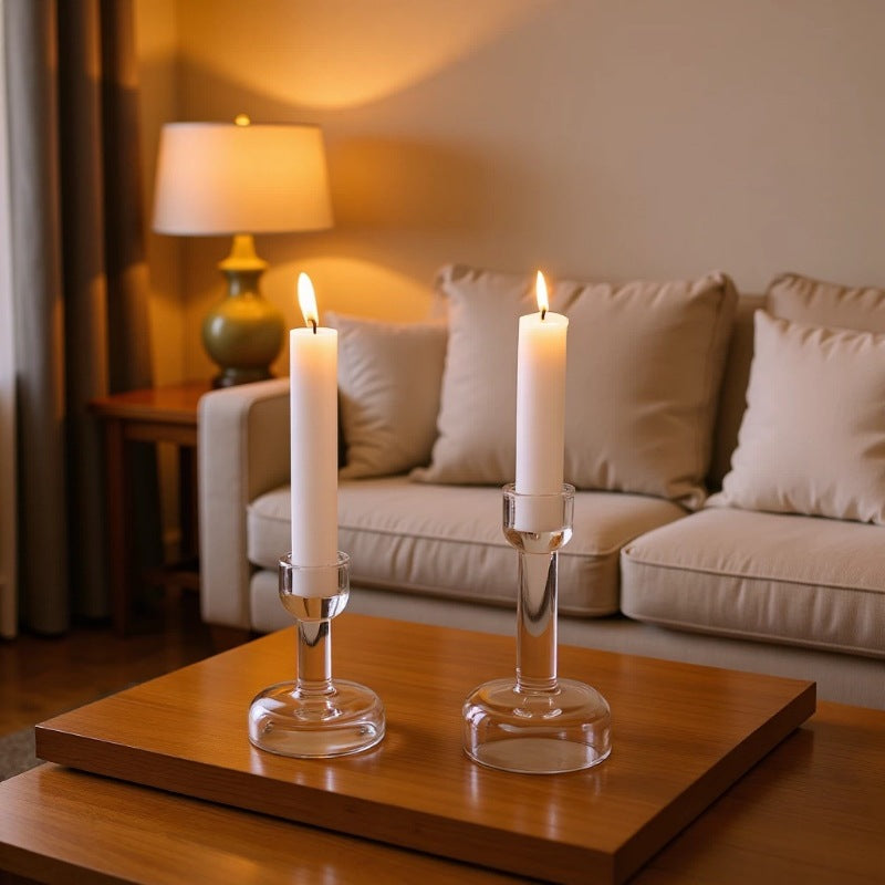 Minimalist Clear Glass Taper Candle Holder Pair with Weighted Base Kalsten