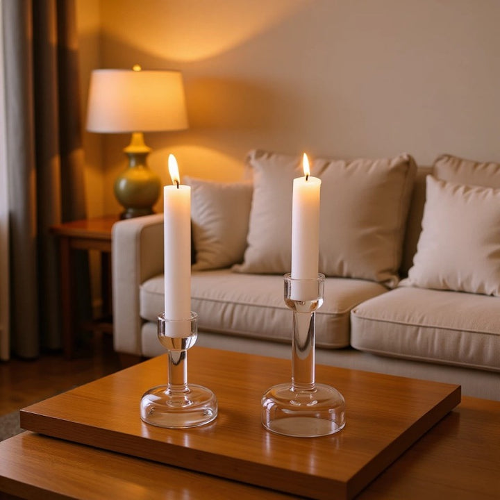 Minimalist Clear Glass Taper Candle Holder Pair with Weighted Base Kalsten