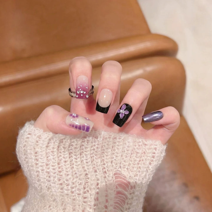 Decorative Press-On Nail Art Set with Floral and Gem Accents Kalsten