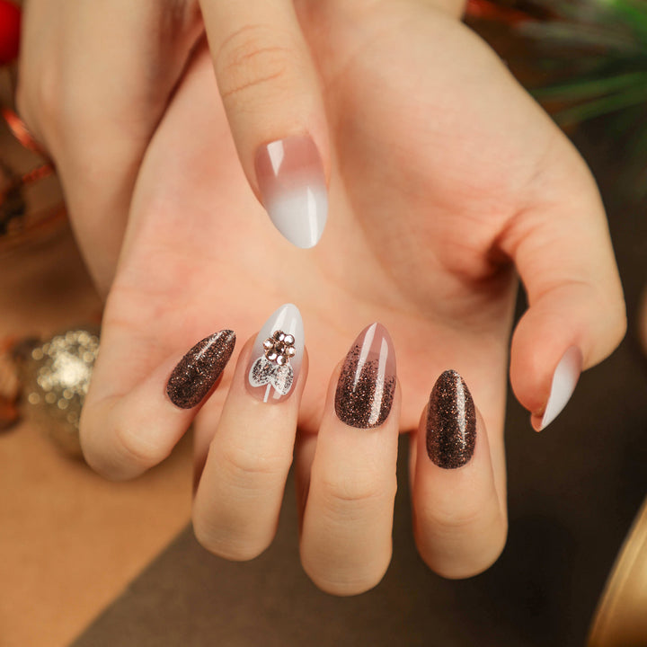 Artful Nail Extensions with Glitter and Heart Motif Kalsten