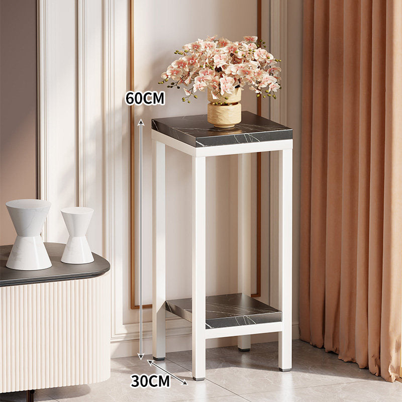 Tall Narrow Marble-Top Plant Stand Side Table with Lower Shelf and Gold Metal Frame