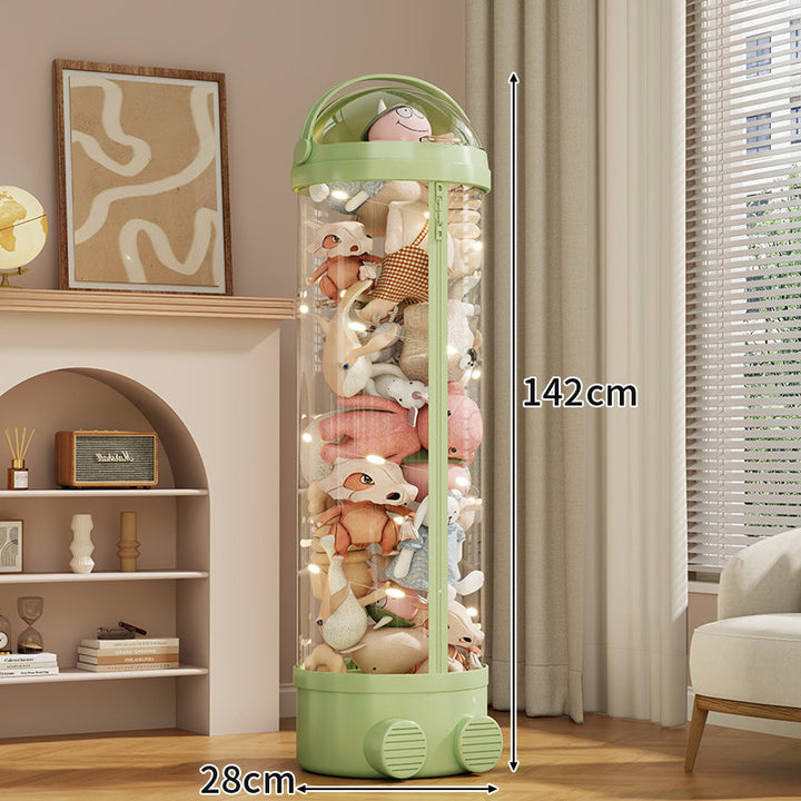 Tall Cylindrical Toy and Plush Storage Organizer with Clear Zip Cover and Rolling Vent Base