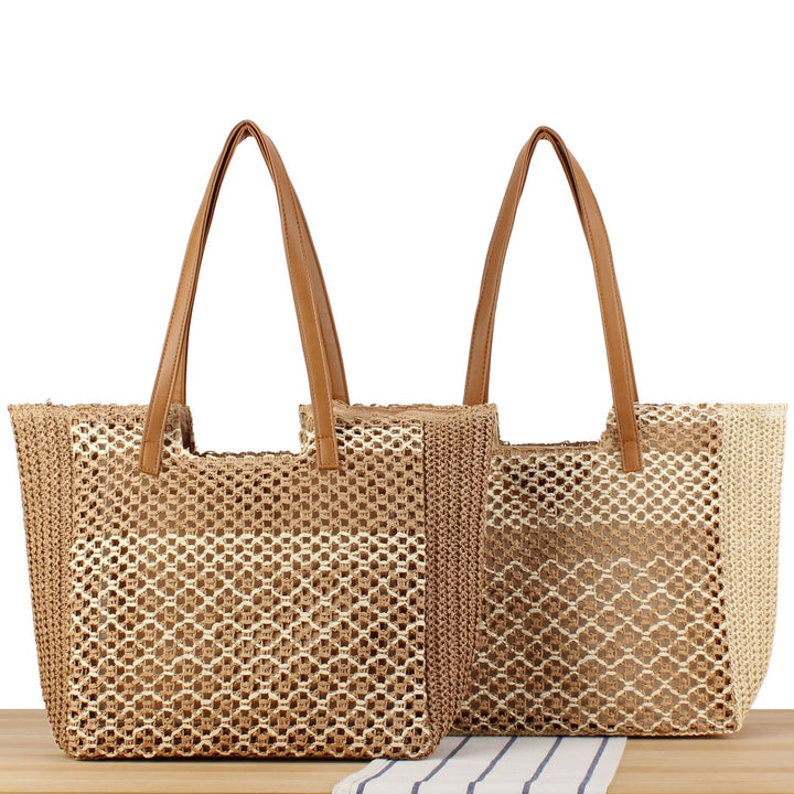 Shopping bag made of woven natural material with elegant leather handles Kalsten