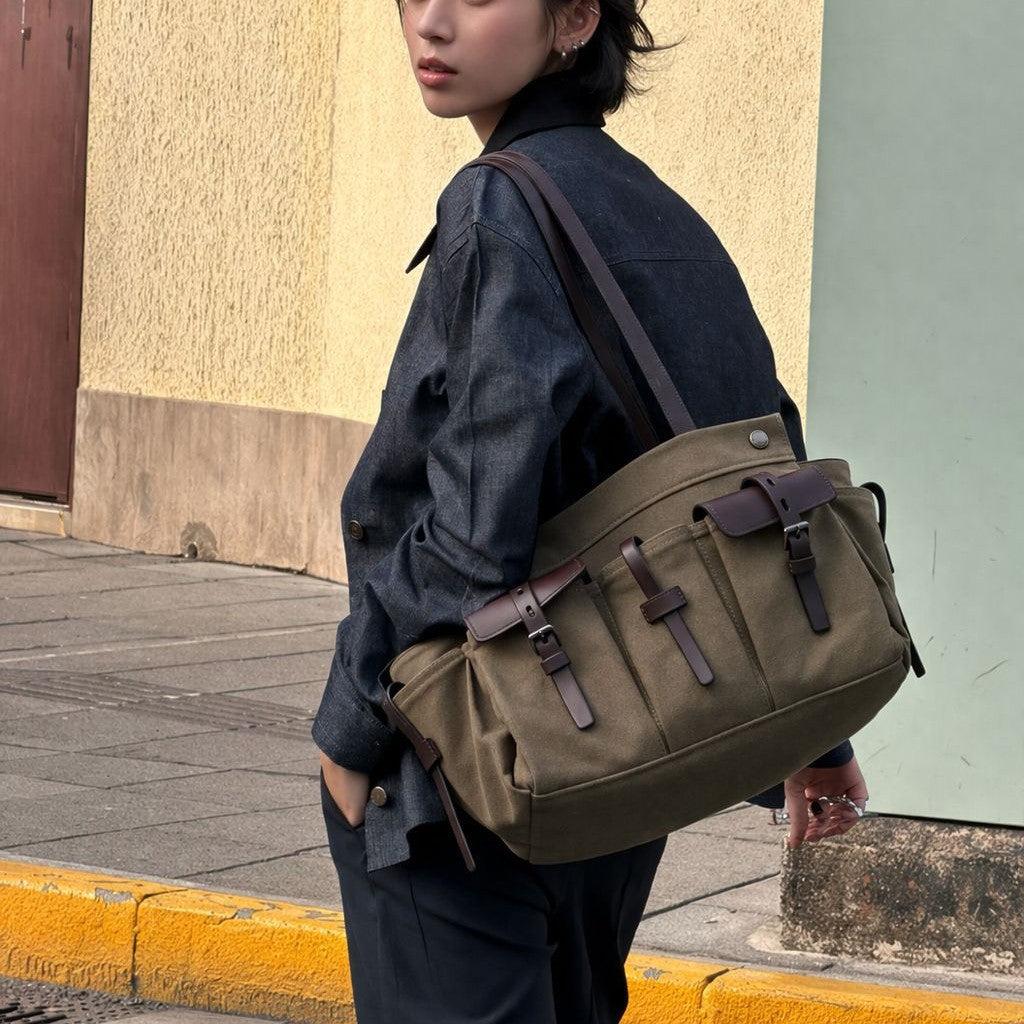 Multi-Pocket Canvas Tote Handbag