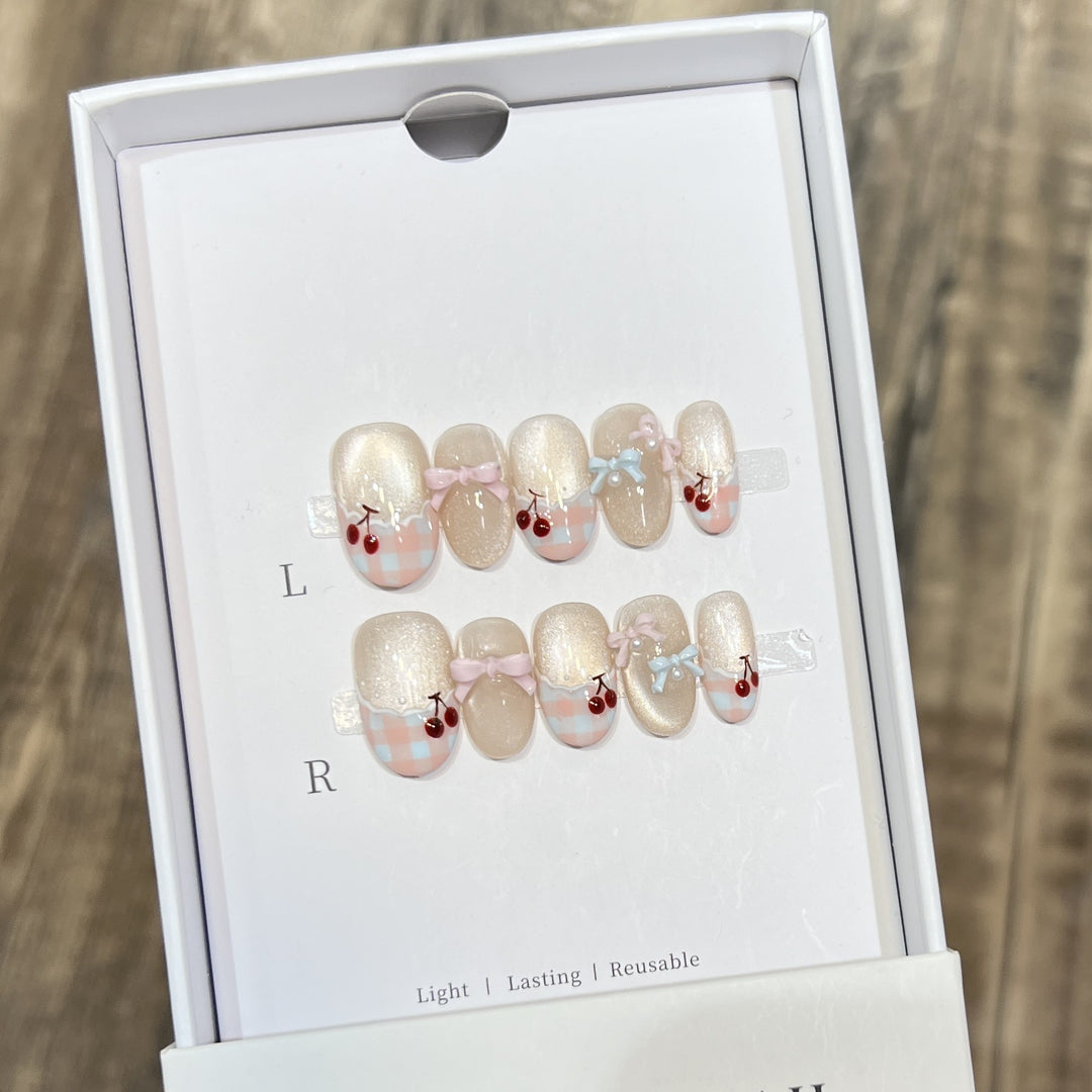 Decorative Press-On Nail Art Set with Charming Bow and Cherry Accents Kalsten