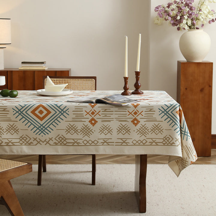Rectangular Decorative Tablecloth made of Cotton-Linen with Woven Diamond Pattern and Antique-Inspired Border