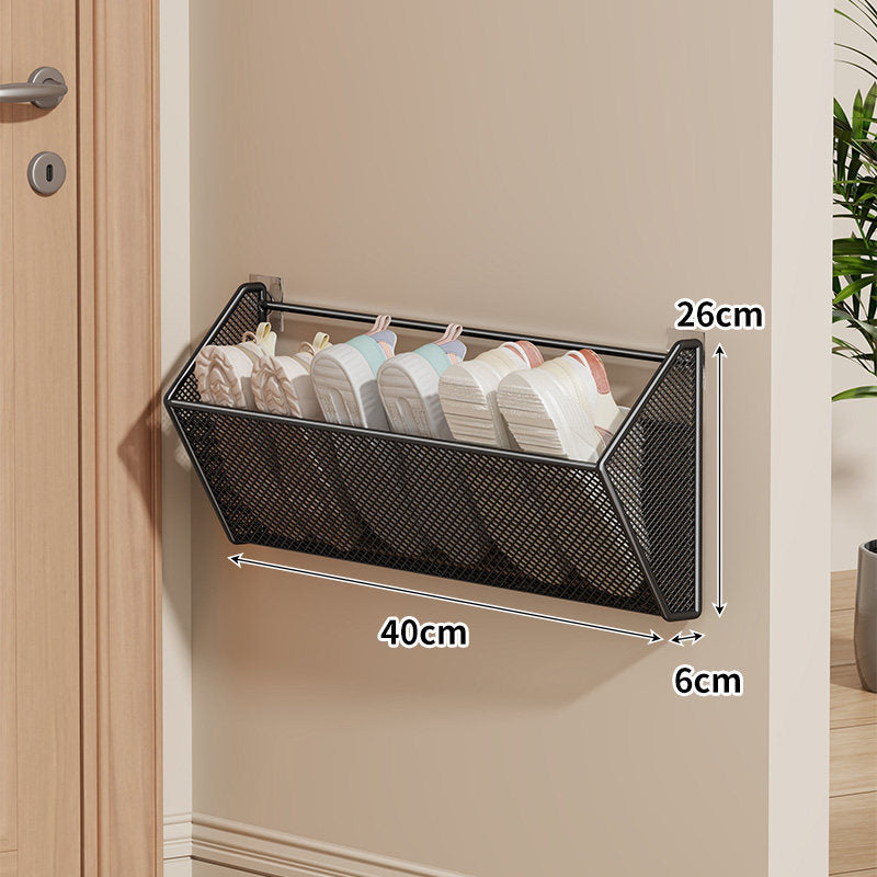 Wall-Mounted Mesh Shoe Basket Organizer with Tilted Slipper Rack