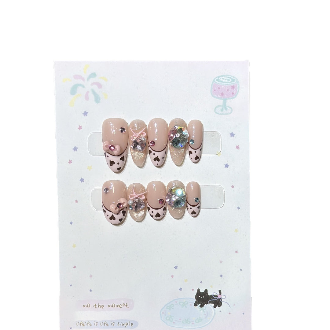 Decorative Press-On Nail Art Set with Heart and Gem Accents Kalsten