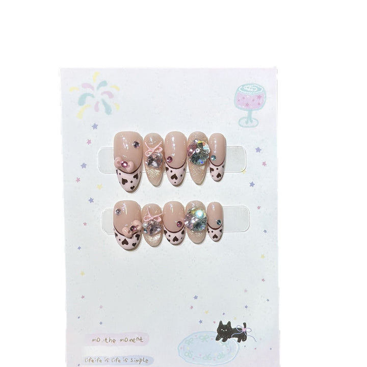 Decorative Press-On Nail Art Set with Heart and Gem Accents Kalsten