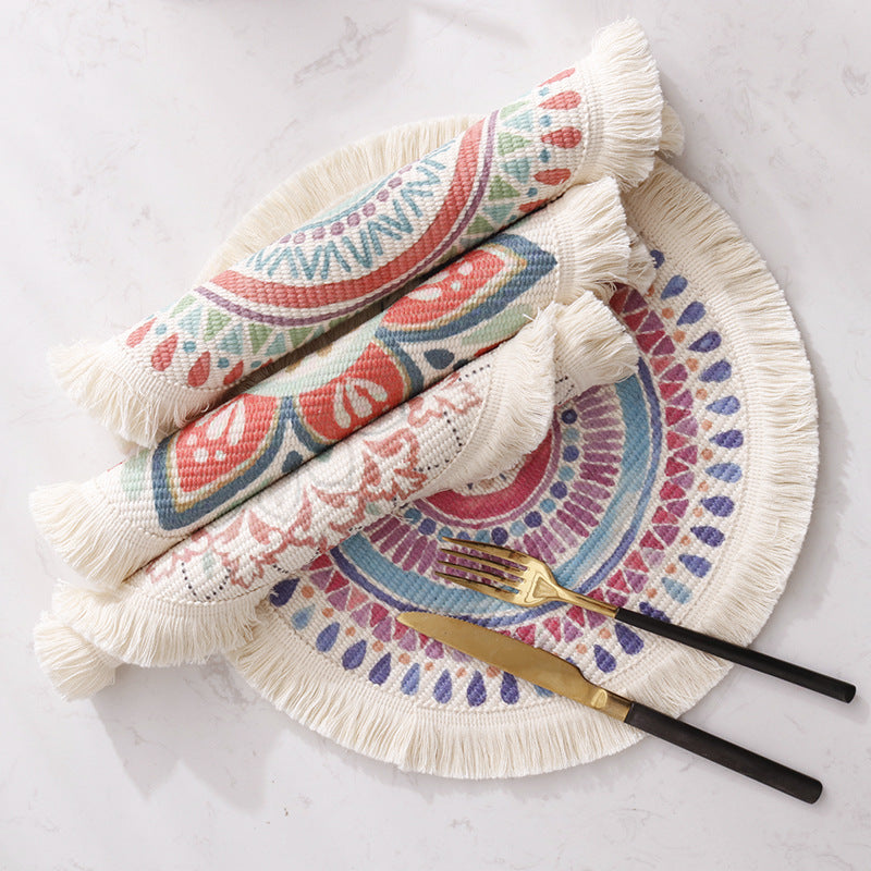Round flat-woven cotton rug with mandala design and decorative fringes Kalsten
