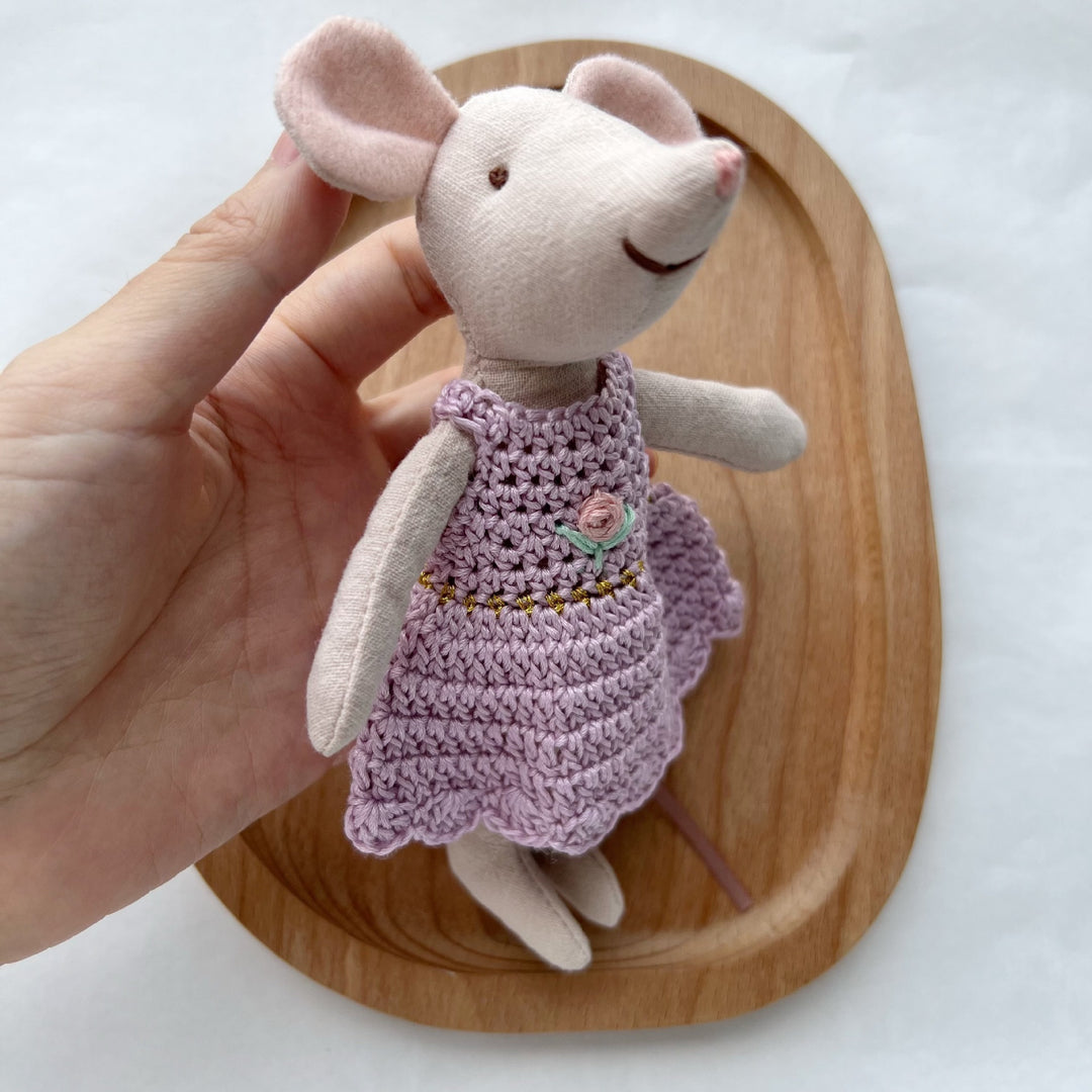 Handmade Linen Mouse Doll with Crocheted Mint Dress