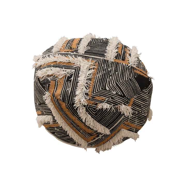 Round Boho Seat Pouf with Hand-Tufted Structure and Decorative Fringes Kalsten
