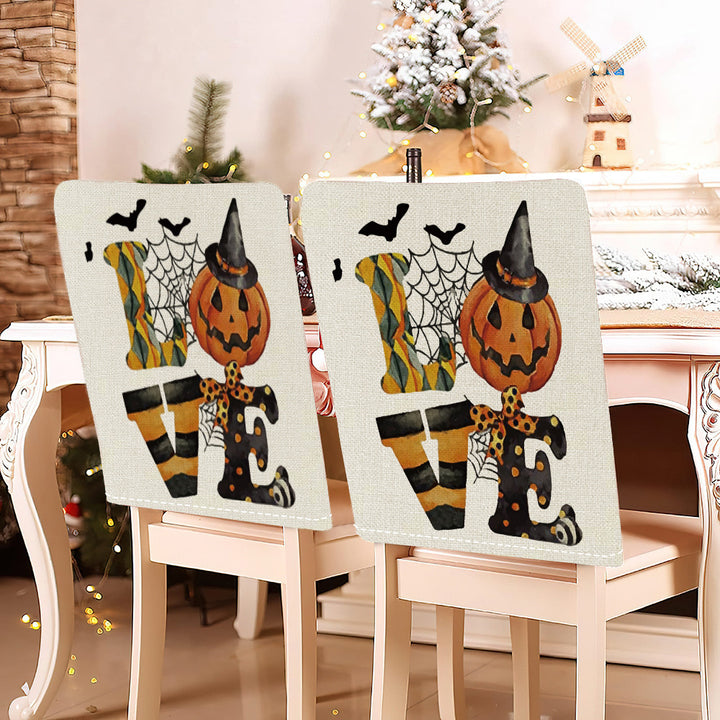 festive Halloween chair covers made of stretchable polyester with witch hat and lettering design