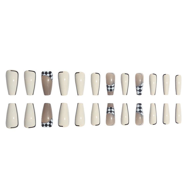 Trendy Long Press-On Nail Set with Checkerboard and Solid Design Kalsten