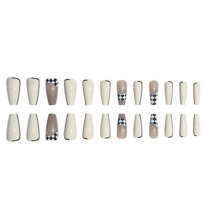 Trendy Long Press-On Nail Set with Checkerboard and Solid Design Kalsten