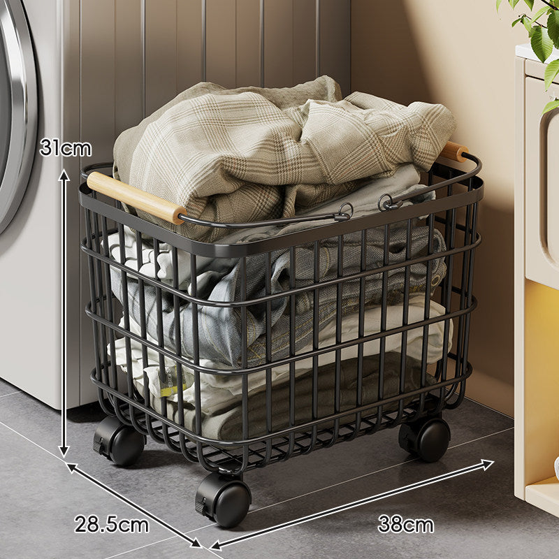 Rolling Wire Mesh Laundry Basket with Wooden Handles and Locking Swivel Casters