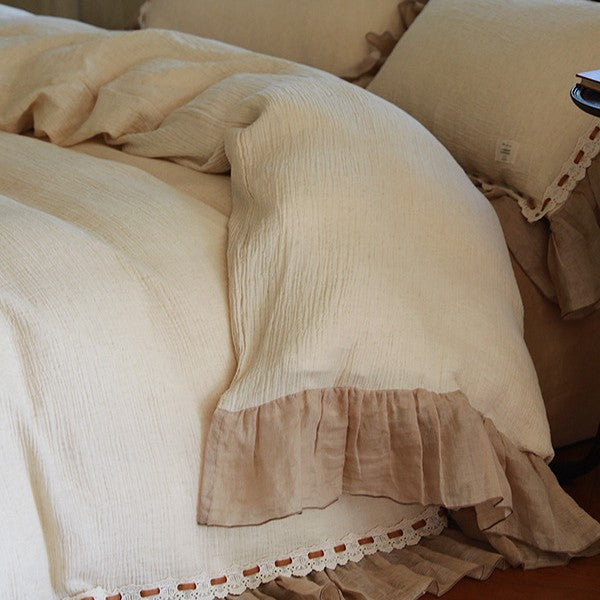 Luxurious cotton-linen bedding set with ruffle and crochet lace trim
