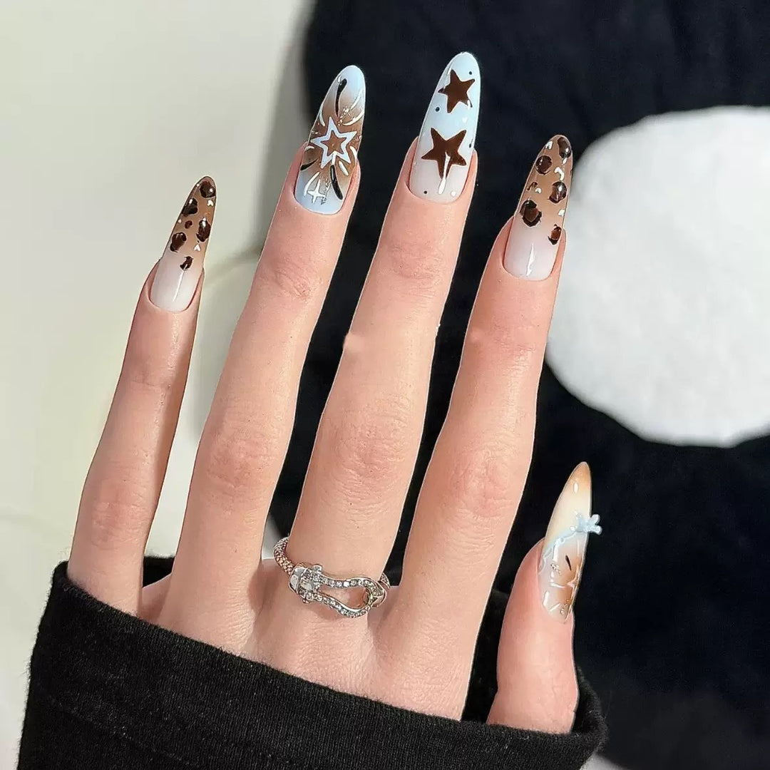 Artistic Stiletto Press-On Nail Art Set with Star and Leopard Accents Kalsten