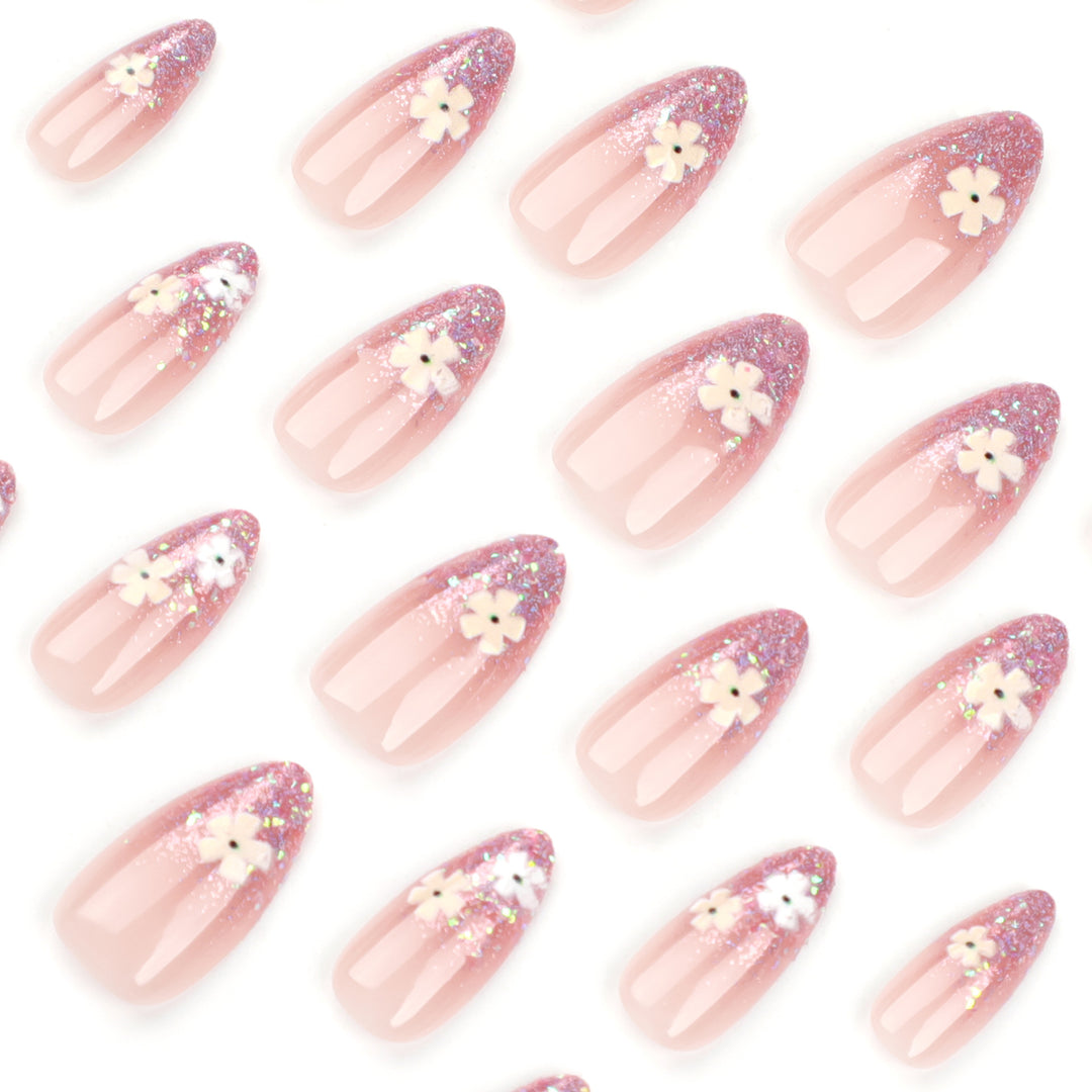 Glamorous nail extensions with glittering and floral design Kalsten