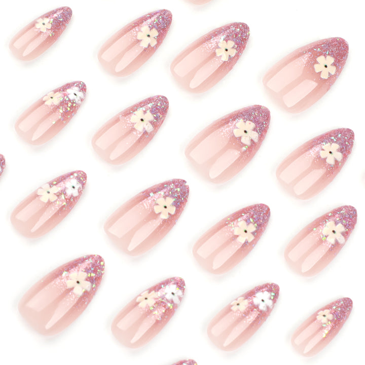 Glamorous nail extensions with glittering and floral design Kalsten