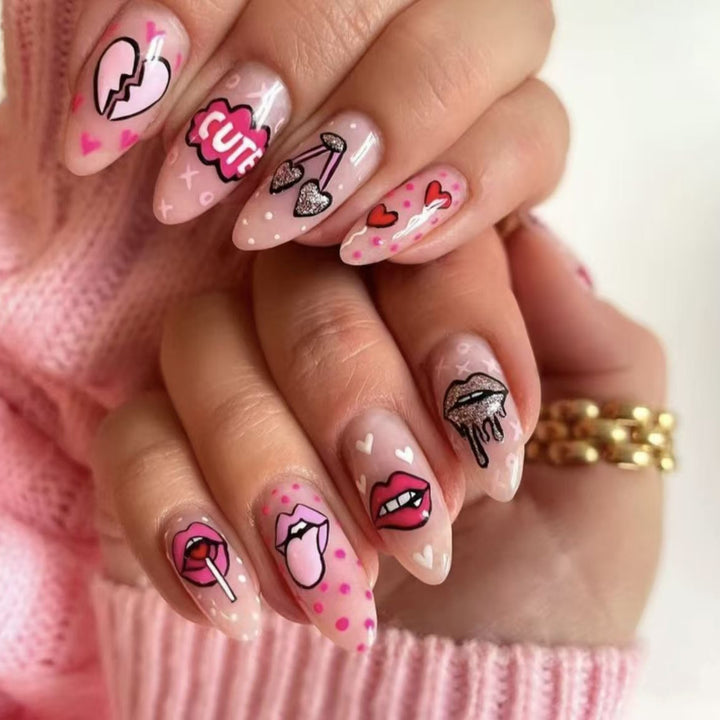 Artificial nail set with playful lip and heart motifs Kalsten