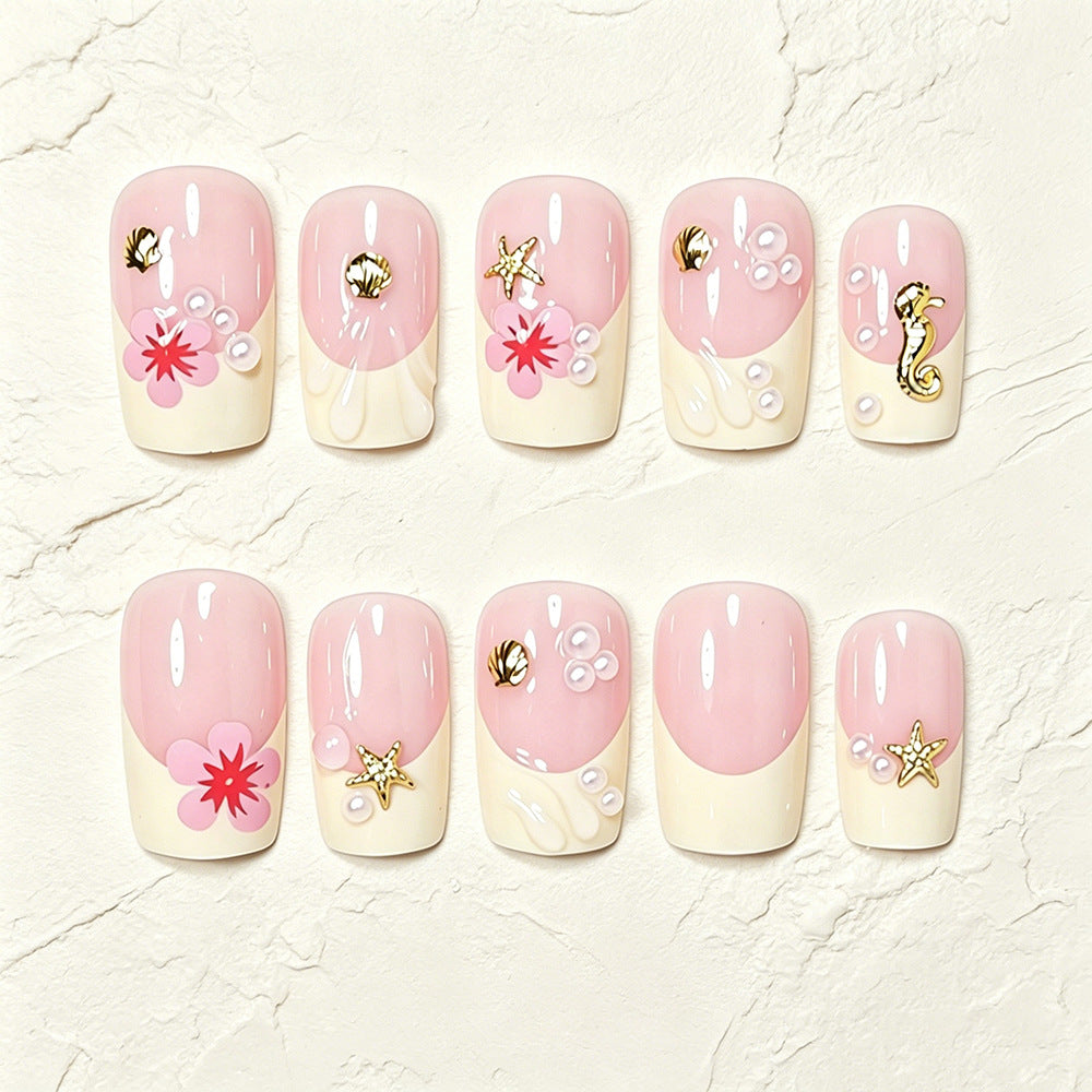 Tropical Shell and Flower Press-On Nail Art Kalsten