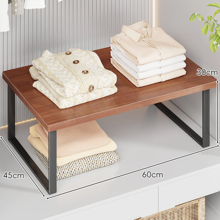 Compact Wooden-Top Metal Shelf Riser for Closet and Countertop
