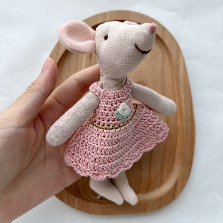 Handmade Linen Mouse Doll with Crocheted Mint Dress