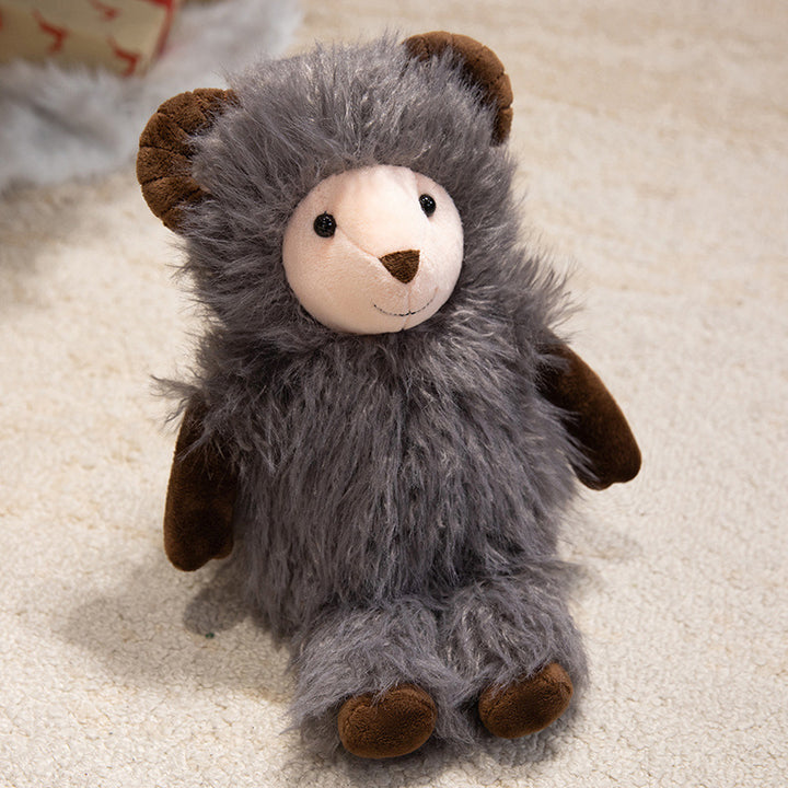 Plush Fluffy Ram-Inspired Teddy with Long Faux-Fur Coat and Embroidered Face Kalsten
