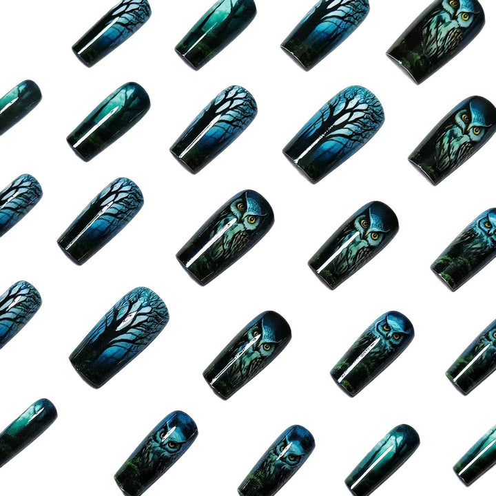 Artificial nails with elegant owl and forest motif Kalsten