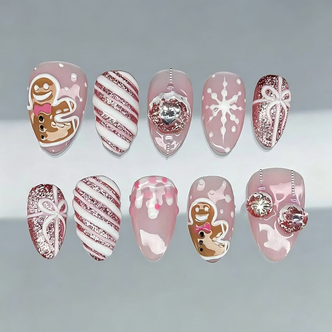 Festive Gingerbread-Themed Press-On Nail Art Set