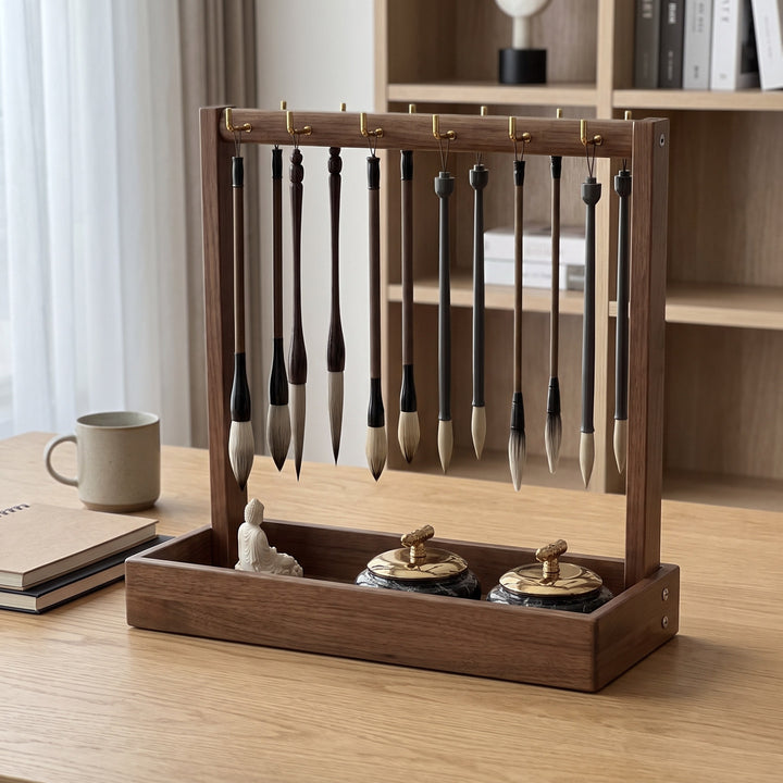 Desktop Wooden Calligraphy Brush Stand with Sand Tray and Hanging Hooks