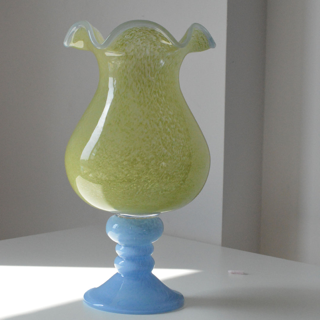 Handblown Ruffled-Rim Bulb-on-Pedestal Art Glass Vase Kalsten