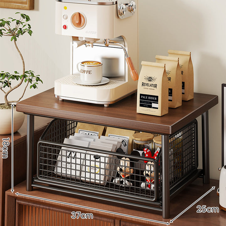 Countertop Wooden-Top Sliding Mesh Storage Basket Organizer with Metal Frame