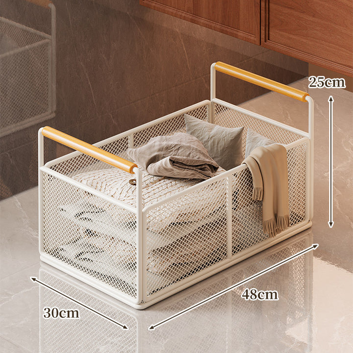 Mesh Utility Storage Basket with Wooden Grip Handles for Kitchen and Home Organization