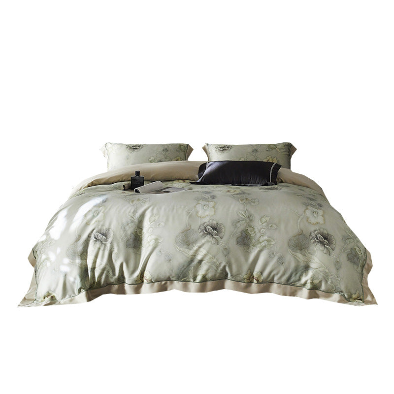 Premium cotton satin duvet cover set with watercolor flower pattern and silky matte touch