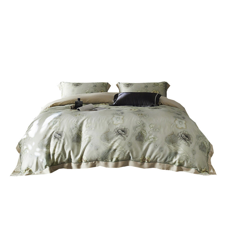 Premium cotton satin duvet cover set with watercolor flower pattern and silky matte touch