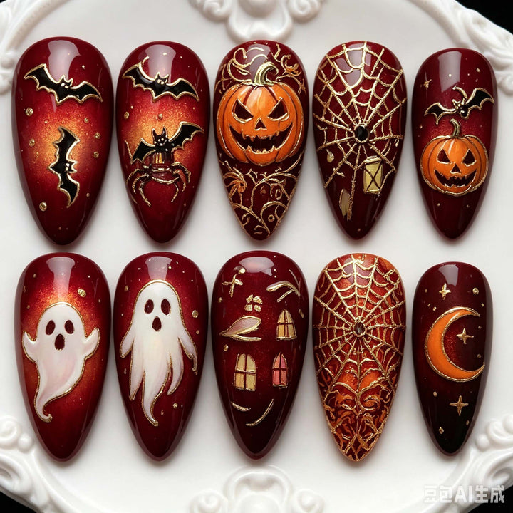 Halloween-Themed Ghost and Cat Press-On Nail Art Set Kalsten