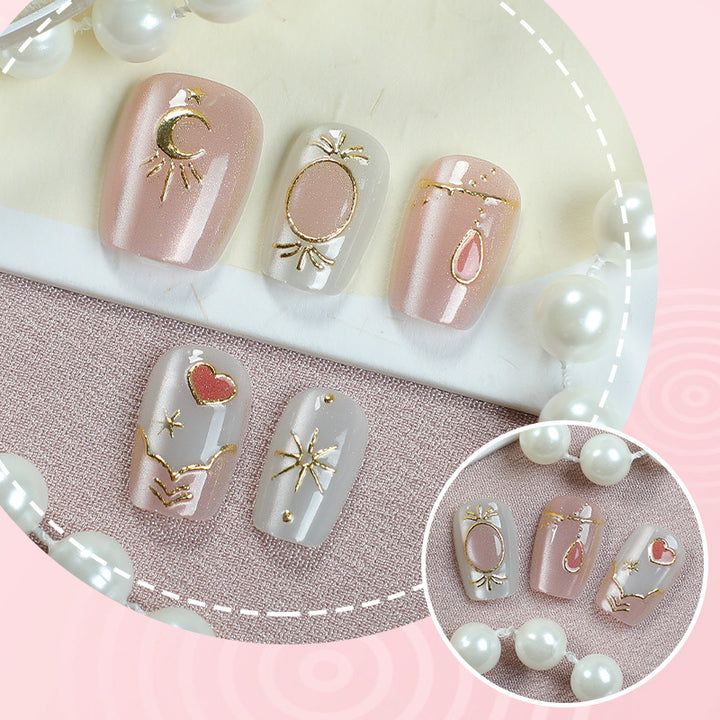Decorative Press-On Nail Art Set with Celestial and Geometric Design