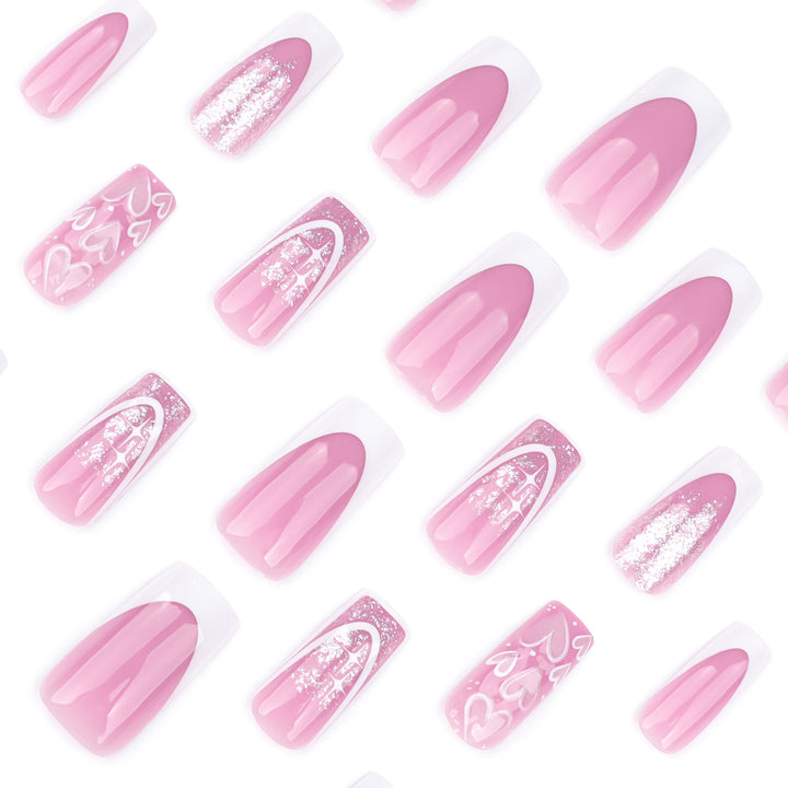 Artful Nail Extensions with Modern Glitter Design and Heart Accents Kalsten