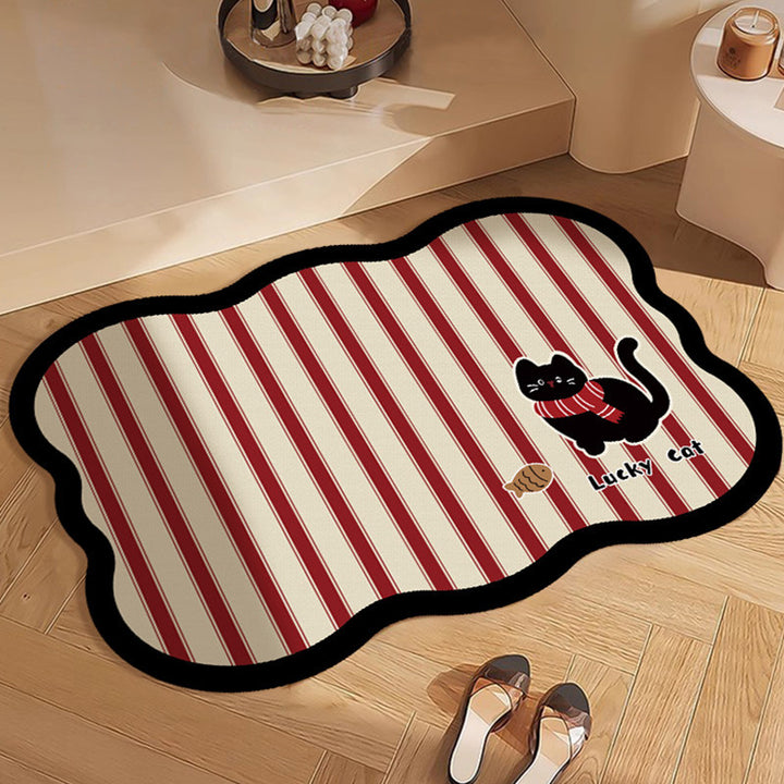 Decorative Scalloped Non-Slip Striped Bath Mat with Lucky Cat Print