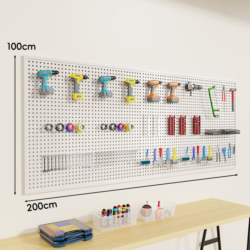 Wall-Mounted Perforated Metal Tool Pegboard Organizer Panel with Modular Hooks and Wire Baskets