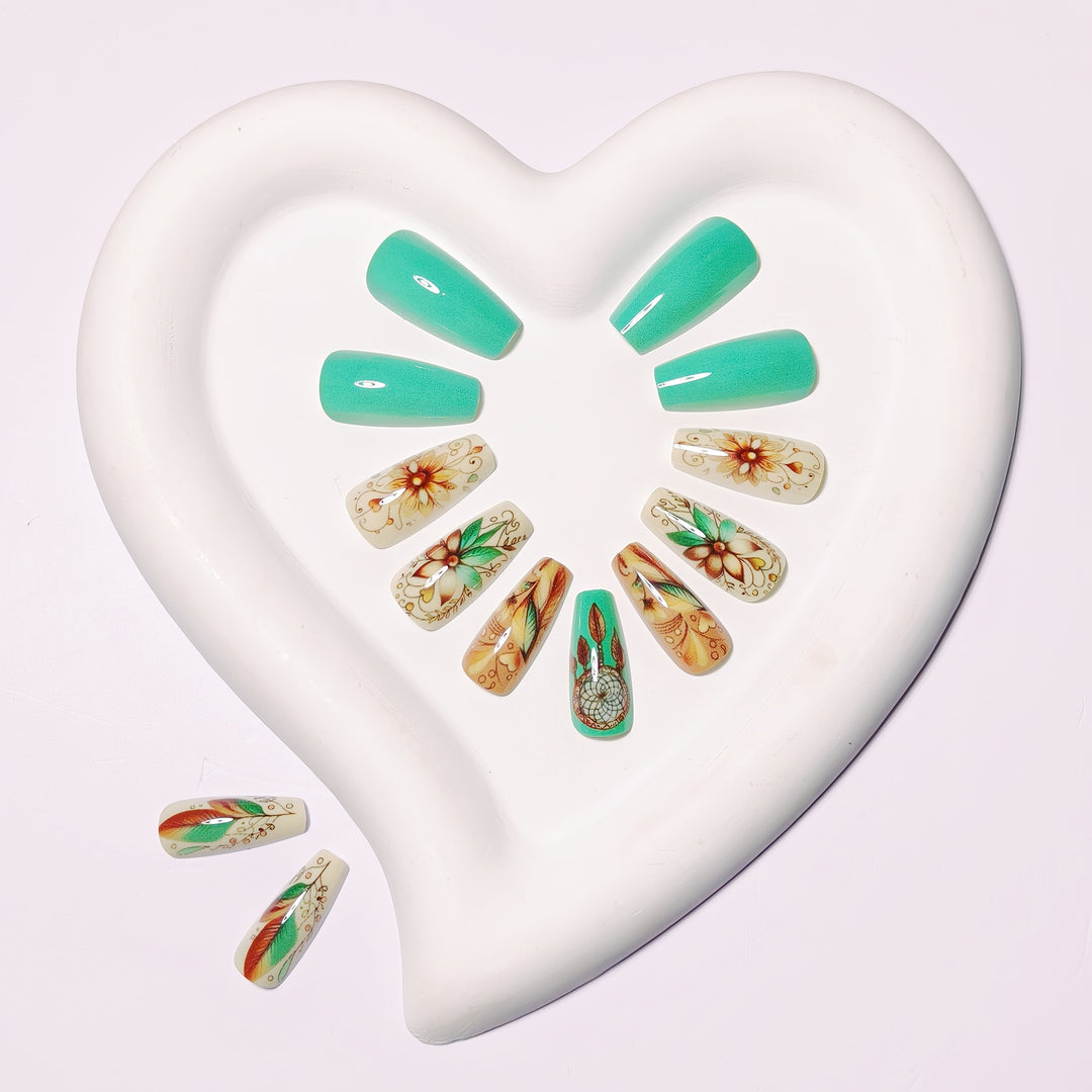 Creative artificial nails with floral and dreamcatcher design elements Kalsten