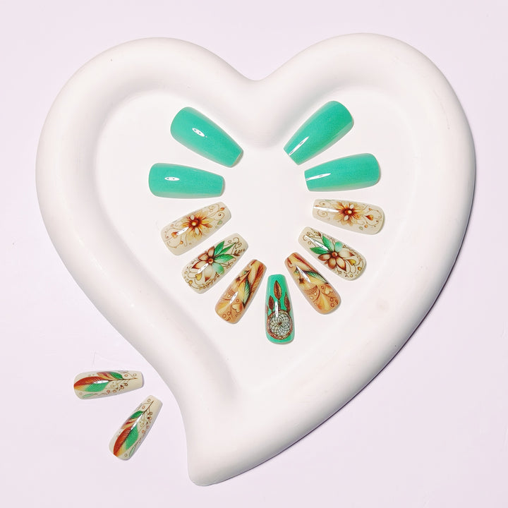 Creative artificial nails with floral and dreamcatcher design elements Kalsten