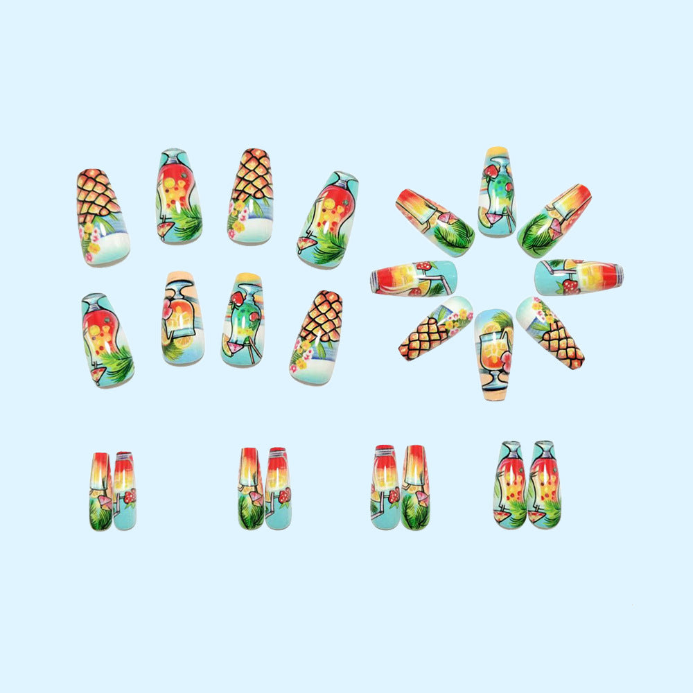 Artificial nail set with tropical drink motif and colorful accents Kalsten