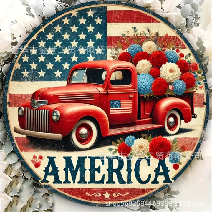 Independence Day rustic round wooden patriotic cross wall plaque with floral accents and God Bless America banner Kalsten