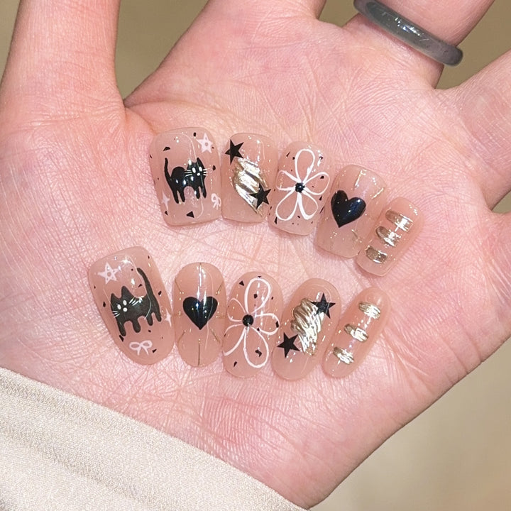 Artificial nails with unique cat and star design Kalsten
