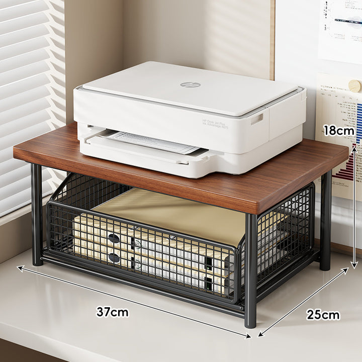 Adjustable Desktop Printer Stand with Wooden Top and Metal Mesh Storage Drawer